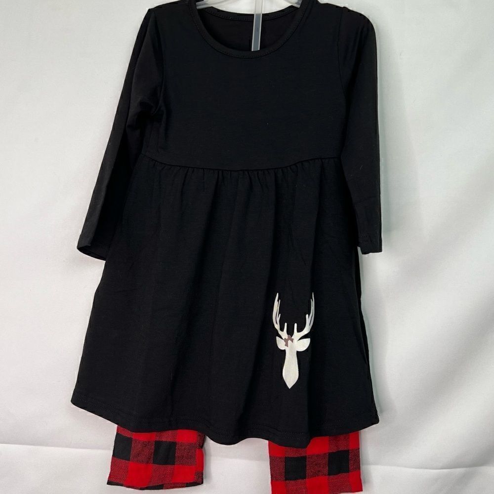 Holiday black dress with moose and red and black buffalo plaid pants 2 piece set